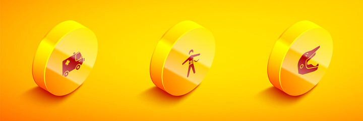 Set Isometric Ambulance and emergency car, Bungee jumping and Motocross motorcycle helmet icon. Vector