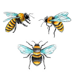 Watercolor Honey Bees Isolated Decorative Elements Set