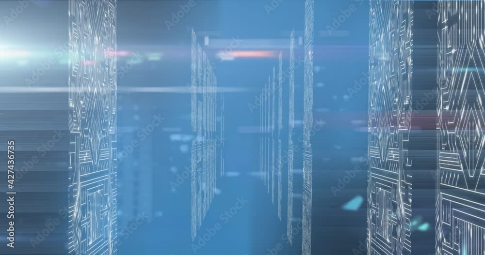Poster animation of data processing with light trail on computer servers on blue background