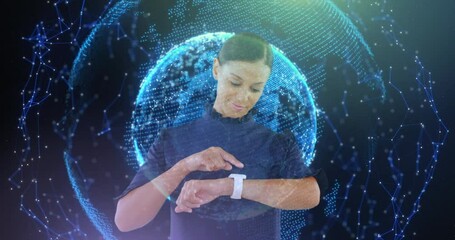 Animation of globe with networks of connections over businesswoman using smartwatch - Powered by Adobe