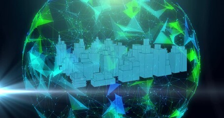 Animation of globe with networks of connections with 3d cityscape spinning - Powered by Adobe