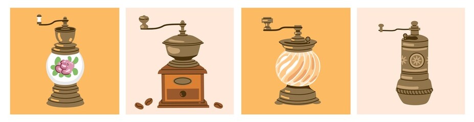 Various retro coffee grinder and pepper mills. Hand-drawn trendy vector illustration. Print, poster, banner for coffee house, cafe, coffee shop. Vintage cartoon style.