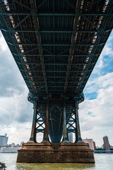 Iconic View Under Manhattan Bridge Against Cityscape of New York City. East River. Travel and Transportation Concepts