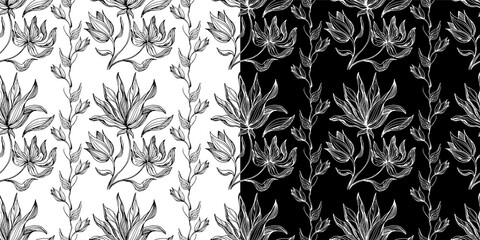 Palm leaves. Flowers. Seamless vector pattern of tropical flowers and leaves. Trendy vector image. Coloring. Antistress.