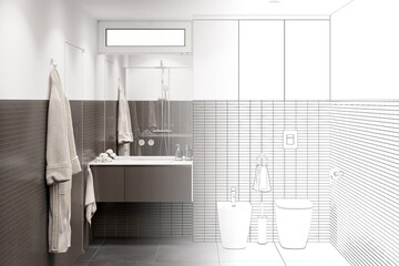 The sketch becomes a real modern bathroom with a window and a mirror above the sink, a towel...