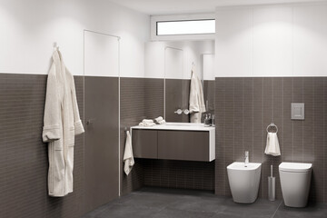 A modern bathroom with a window and a mirror above the sink, a towel between the bidet and the...