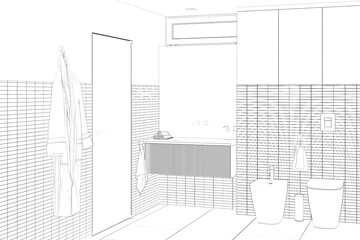 Sketch of the modern bathroom with a window and a mirror above the sink, a towel between the bidet and the toilet, a bathrobe by the door, tiles on the walls, and the floor. 3d render