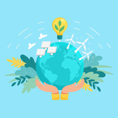 Alternative Clean Energy Concept with Wind Turbines and Solar Panels. Renewable Power Sources with Windmills. Save energy and the planet. Vector flat illustration - 427437585