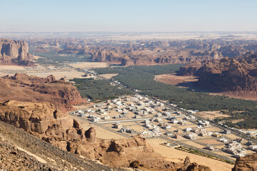 View towards Al Ula, an oasis in the middle of the mountainous landscape of Saudi Arabia