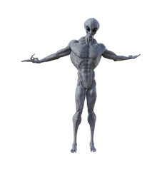 Illustration of a muscled gray alien standing with arms outstretched in a whatever pose