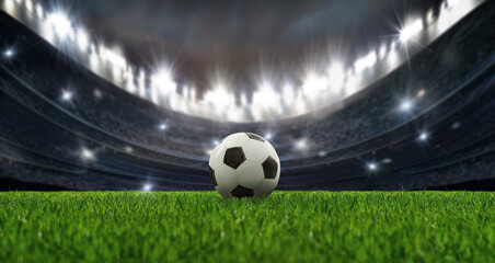 Sport. Soccer ball on stadium. Football poster.
