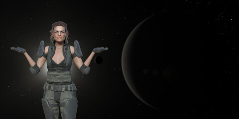 Illustration of a futuristic female soldier portraying a whatever gesture against a deep space background.