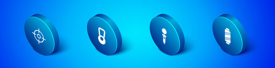 Set Isometric Target sport, Joystick for arcade machine, Sewing thread on spool and Kettlebell icon. Vector