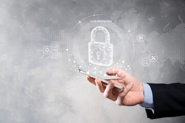 Cyber security network. Padlock icon and internet technology networking. Businessman protecting data personal information on tablet and virtual interface. Data protection privacy concept. GDPR. EU.