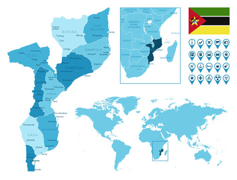 Mozambique detailed administrative blue map with country flag and location on the world map.