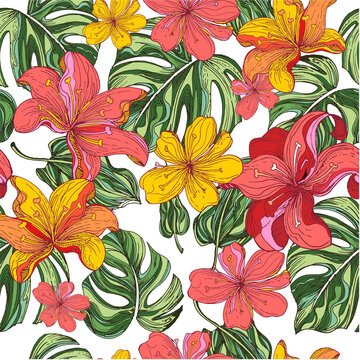 Flowers. Seamless vector pattern of tropical flowers and leaves. Trendy vector image.