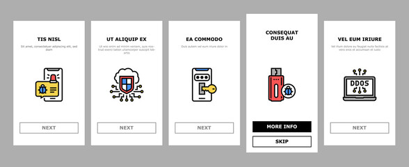 Fototapeta premium Internet Security Onboarding Mobile App Page Screen Vector. Internet Ddos Computer Attack And Flash Drive With Virus, Binary Code In E-mail Message And Hacker Illustrations