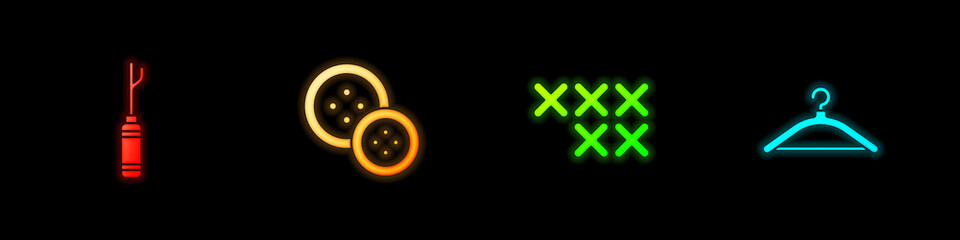 Set Awl tool, Sewing button, Adjustable embroidery hoop and Hanger wardrobe icon. Vector