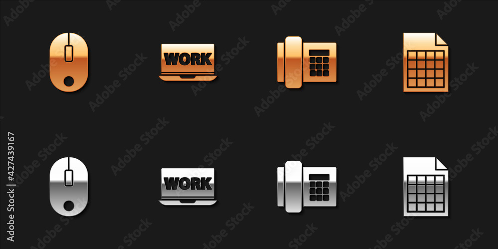 Poster set computer mouse, laptop with text work, telephone and file document icon. vector