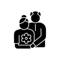 Old couple black glyph icon. Honor senior citizens day. Double ninth festival. Visit elderly relatives. Organizing outings for retirees. Silhouette symbol on white space. Vector isolated illustration