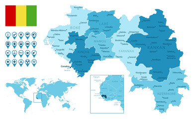Obraz premium Guinea detailed administrative blue map with country flag and location on the world map.