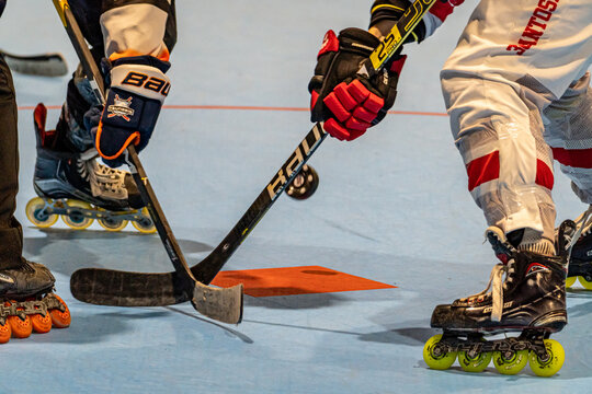 TRES CANTOS, SPAIN - Apr 05, 2021: National women's elite league inline hockey game held at the Kamikazes Arena track of the Laura Oter