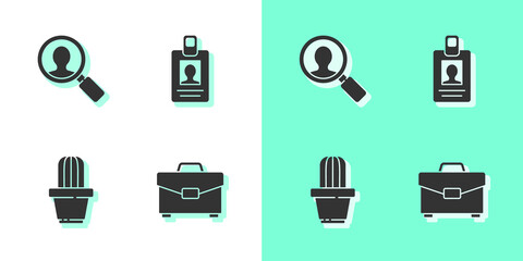 Set Briefcase, Magnifying glass for search people, Cactus and succulent pot and Identification badge icon. Vector