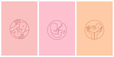 Line logotype. Set of logo with newborn and caring hands. Baby in the womb. Stylish logo for a prenatal or reproductive clinic, pregnancy brochure, surrogacy agency. Round frame, elegant icon.