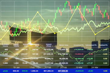 Stock financial index of successful investment on superhighway transportation businesson twilight summer time  with chart and graph on superhighway perspective background in Bangkok Thailand.