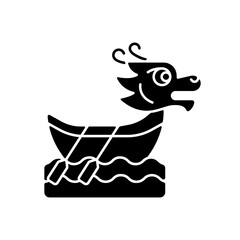 Dragon boat festival black glyph icon. Tuen Ng. Ornately carved boats. Sacred ceremony. Cultural activities, traditions. Ancient ritual. Silhouette symbol on white space. Vector isolated illustration