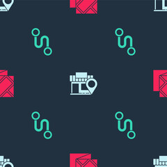 Set Folded map, Location with store and Route location on seamless pattern. Vector