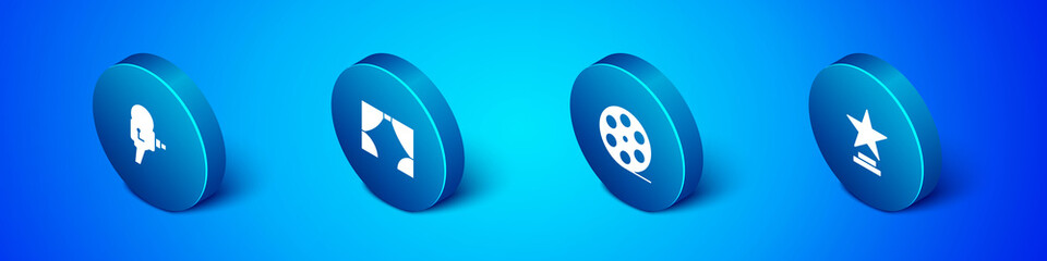 Set Isometric Retro cinema camera, Film reel, Movie trophy and Curtain icon. Vector