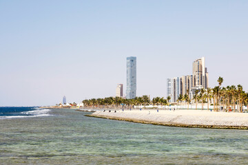 Skyline on the Corniche, promenade on the shores of the Red Sea in downtown Jeddah, Saudi Arabia - 427439763