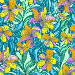 Palm trees with flowers. Color of tropical leaves. Trendy colorful palm leaf, jungle background and purple exotic plants. 