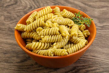 Italian pasta Fusilli with pesto