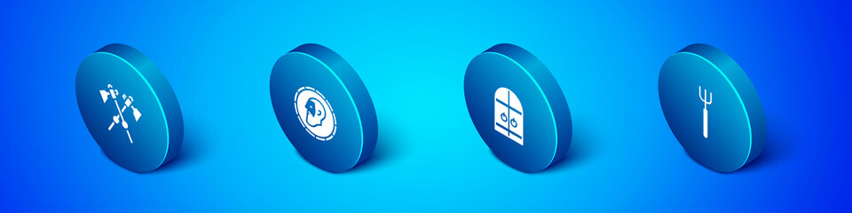 Set Isometric Crossed medieval axes, Medieval castle gate, Garden pitchfork and Ancient coin icon. Vector