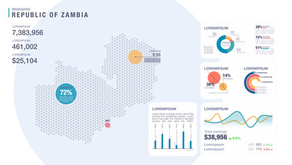 Detail infographic vector illustration. Map of Zambia and Infographic elements - bar and line charts, percents, pie charts. Dashboard theme.