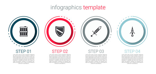 Set Wooden barrel, Shield, Medieval sword and Dagger. Business infographic template. Vector