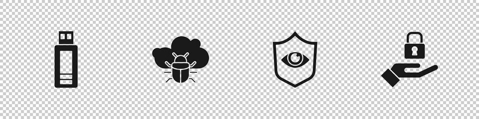 Set USB flash drive, System bug on cloud, Shield and eye and Lock in hand icon. Vector