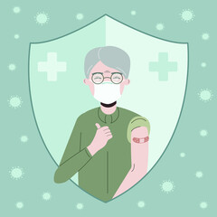 Happy old man in medical face mask raising thumbs up and shows bandage after injection of the vaccine. Coronavirus vaccination vector flat illustration.
