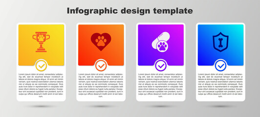 Set Pet award, Heart with animals footprint, Dog pill and Animal health insurance. Business infographic template. Vector