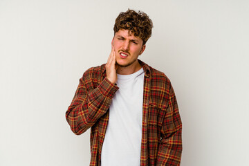 Young caucasian man isolated on white background having a strong teeth pain, molar ache.
