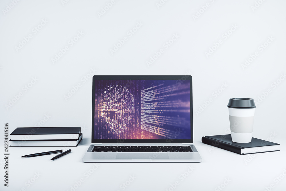 Leinwandbilder creative code skull hologram on modern computer monitor, cybercrime and hacking concept. 3d renderin