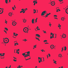 Set Laptop, Stage stand or tribune, Target with arrow and Megaphone on seamless pattern. Vector