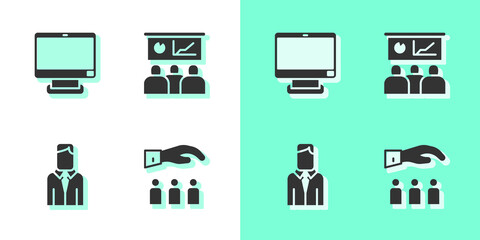 Set Boss with employee, Computer monitor, Worker and Training, presentation icon. Vector