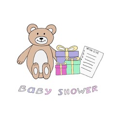 Baby shower vector illustration card with bear, gifts and lettering