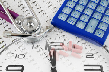 Price of health care concept, stethoscope, pills and calculator, collage with round clock 