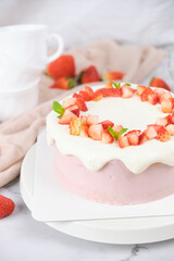 Strawberry chiffon cake with fresh cream. Cake for celebration.