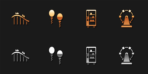 Set Roller coaster, Balloons, Vending machine and Ferris wheel icon. Vector