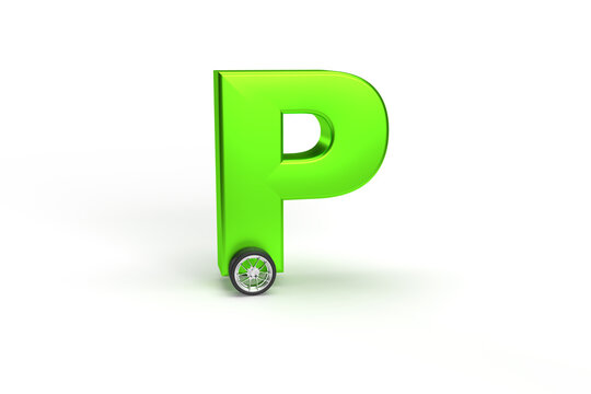 Alphabet P as car with wheels isolated in green on an isolated white background.
